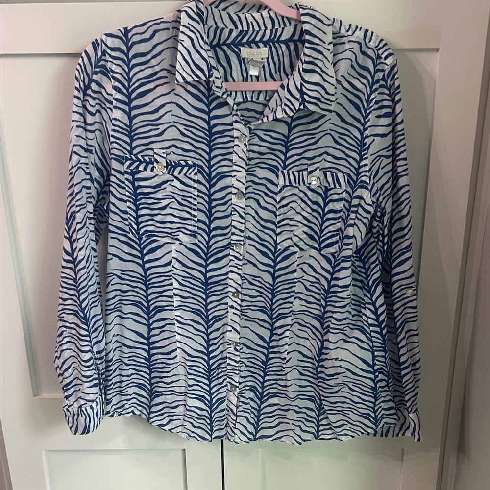 Chico's Navy and White Zebra-Stripe Button Front Shirt